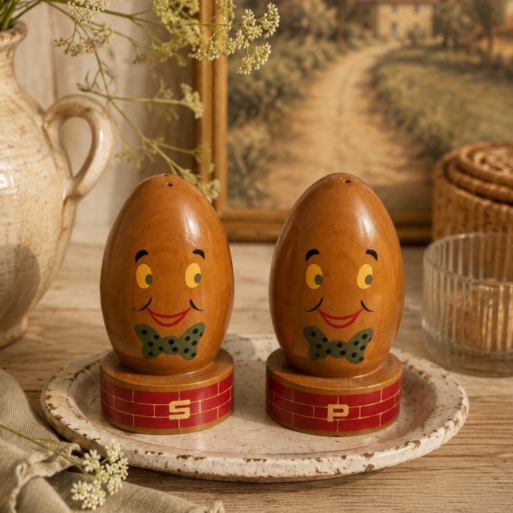 Vintage Wooden Egg Salt & Pepper Shakers Anthropomorphic Mid Century
